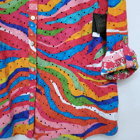 John Mark Eyelet Embroidered Watercolor Roll-Tab Sleeve Button Front Top Large - Picture 7 of 14